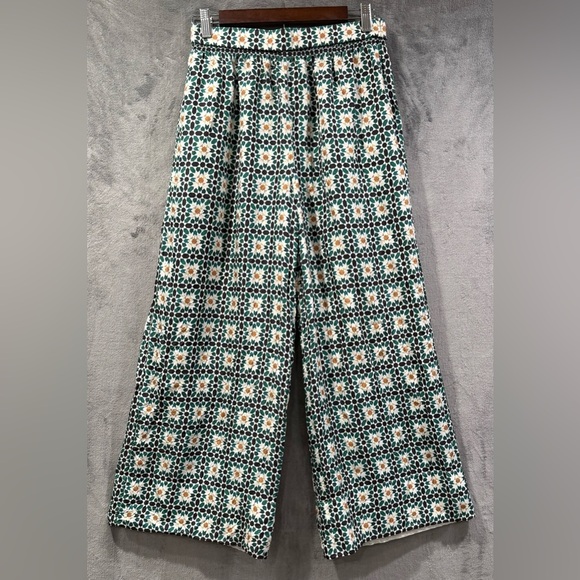 Theory Pants - Theory 100% Silk Green Geometric Print Wide Leg Trouser Pants Size S Bohemian